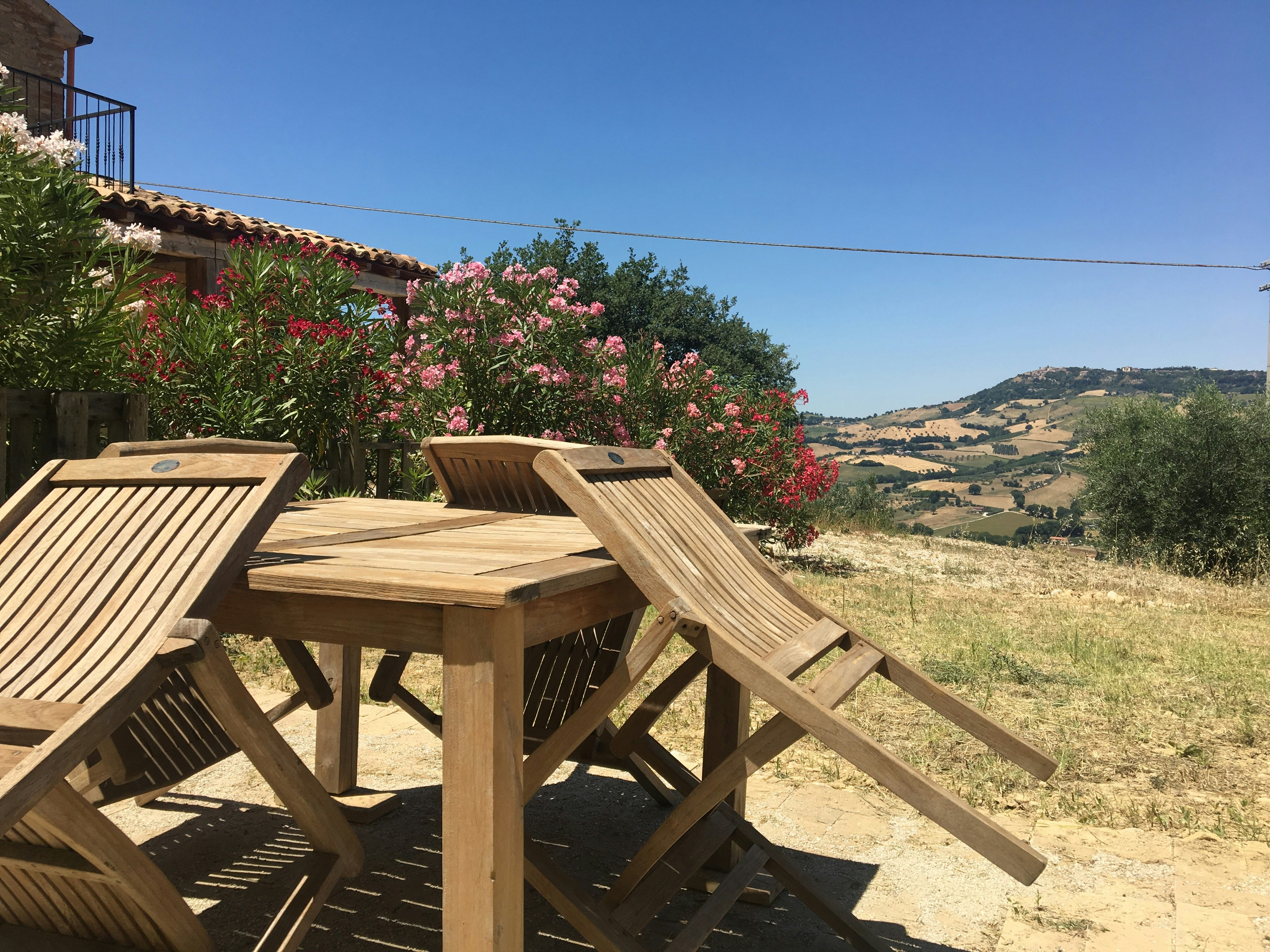 Holzterrasse mit Tisch und Stühlen, blühenden Sträuchern und Blick auf die Hügel im Hintergrund.