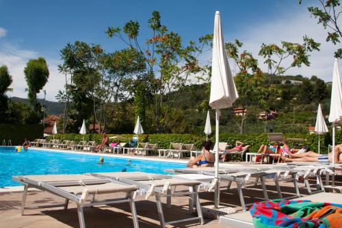 Poolbereich mit Sonnenliegen und weißen Schirmen, im Hintergrund Bäume und ein Blick auf das Gelände des Campingplatzes.