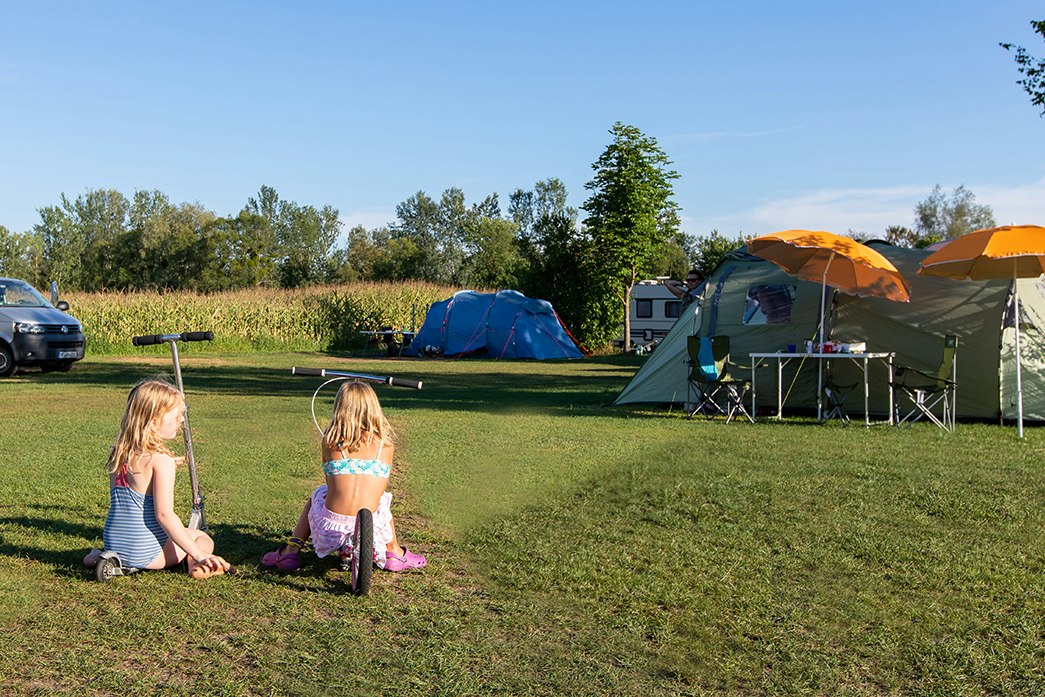 Campingplatz mit zwei Kindern auf dem Rasen, daneben Zelte, Campingstühle und ein Wohnwagen am Stellplatz.