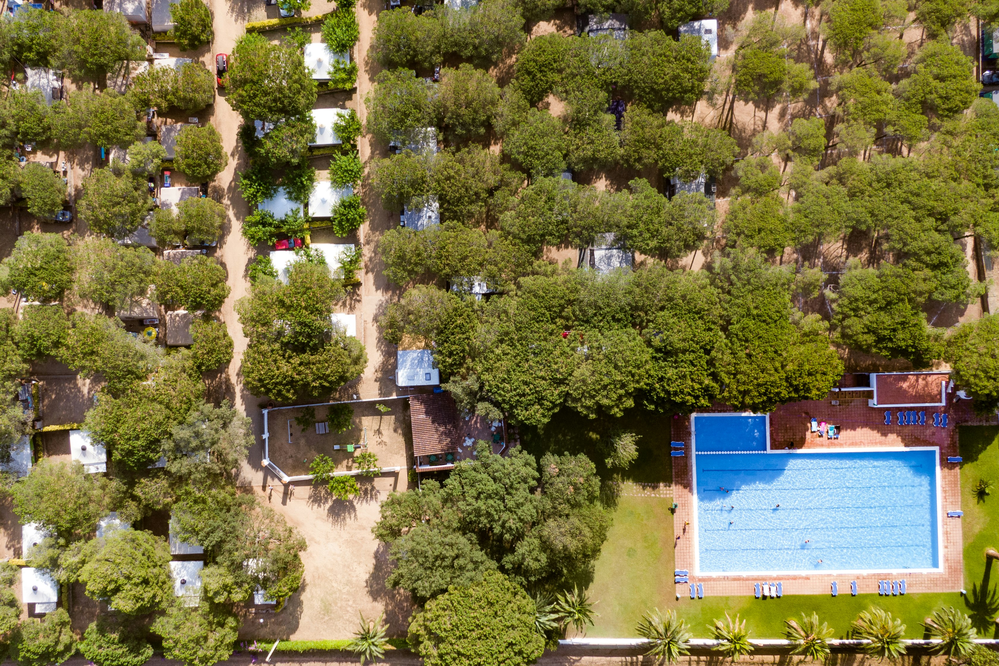 Luftaufnahme eines Campingplatzes mit vielen Stellplätzen, Bäumen und einem großen blauen Pool im rechten Bereich.