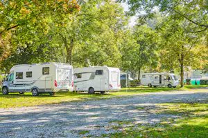 Mehrere Wohnmobile stehen auf einem Campingplatz am Weg, umgeben von Bäumen und Rasen.