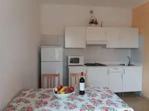 Wohnküche mit Küchenzeile, Esstisch mit Obstschale und Flasche, Mikrowelle und Kühlschrank im Hintergrund.