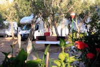 Camping Internazionale La Playa - Wohnmobil auf einem Stellplatz mit öffentlicher Grillstelle im Vordergrund