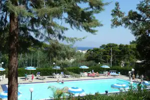Schwimmbad mit blauen Liegen am Campingplatz, umgeben von Bäumen und Blick auf das Meer in der Ferne.