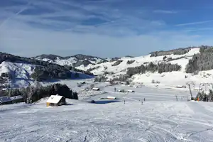 Blick auf ein verschneites Skigebiet mit Pisten, Liftanlagen und Häusern im Tal zwischen bewaldeten Bergen.