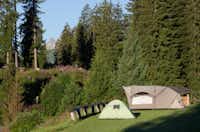 Camping Jaunpass -  Zeltplätze  auf der Wiese umringt von Wald auf dem Campingplatz