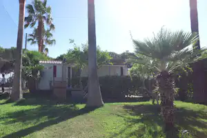 Bungalow im Grünen: weiße Unterkunft mit Türen und Markise, umgeben von Palmen und gepflegtem Rasen im Campinggarten.