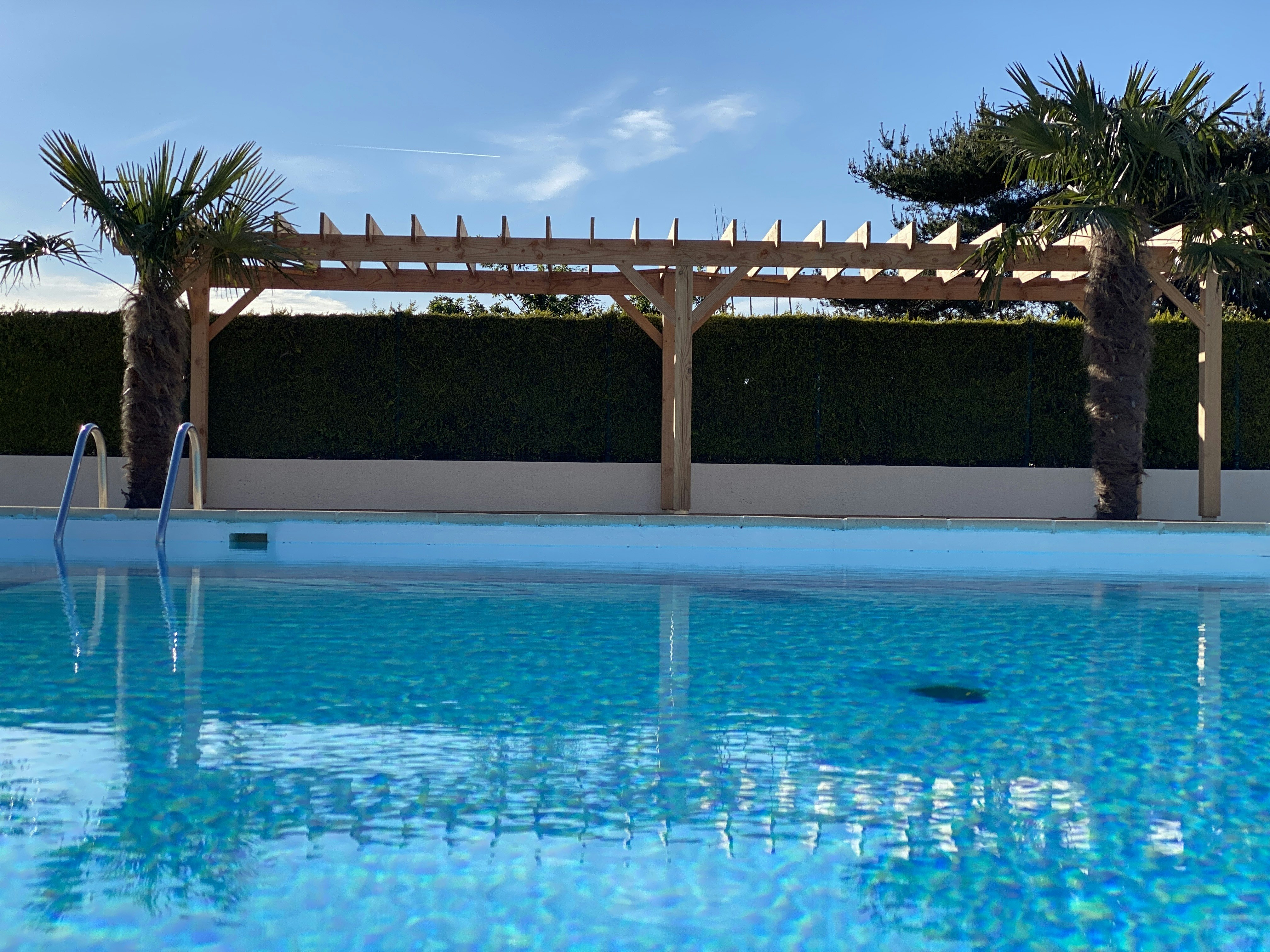 Blauer Camping-Pool mit Leiter, Palmen und Holzpergola am Rand, dahinter Hecke und klarer Himmel.