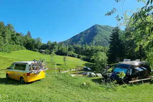 Gelber Campingbus mit Fahrradträger auf einer Wiese, daneben ein weiterer Wagen und ein Grill, im Hintergrund Berge und Bäume.