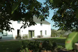 Ferienhaus mit Terrasse und Garten, durch Blätterrahmen fotografiert, weiße Fassade und Fenster im Hintergrund.