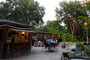 Holzbar auf der Camping-Terrasse mit Lichterkette, Tischen und Stühlen, umgeben von Bäumen im Abendlicht.