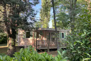 Holzhütte auf einem Campingplatz mit Veranda und Holzgeländer, umgeben von Bäumen und Sträuchern.
