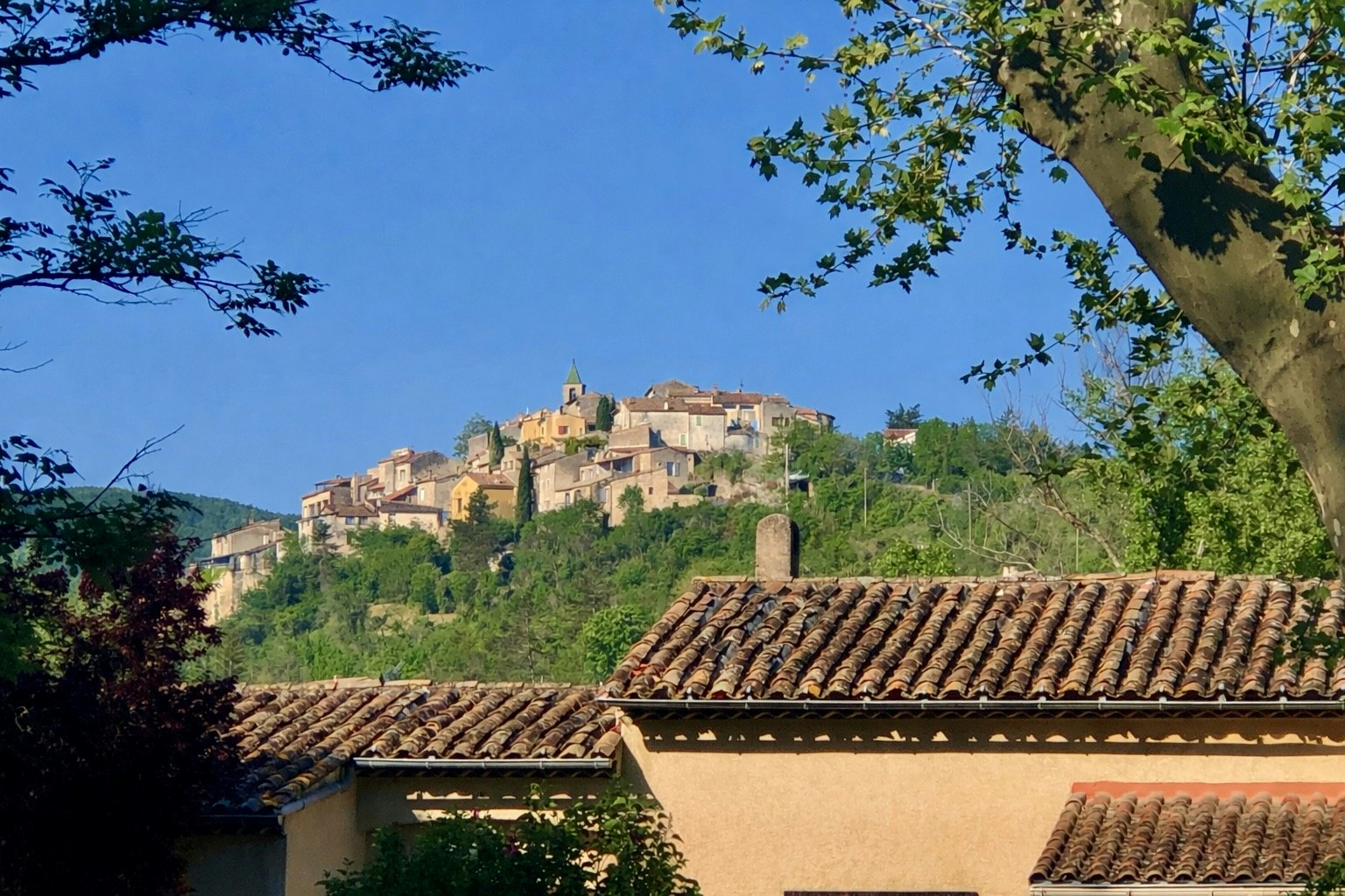 Blick auf ein Dorf mit steinernen Häusern und Kirchturm in der Ferne, davor Dächer und Bäume im Vordergrund.
