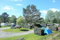 Camping L' Ecrin Nature -  Wohnwagen- und Zeltstellplatz zwischen Bäumen auf dem Campingplatz