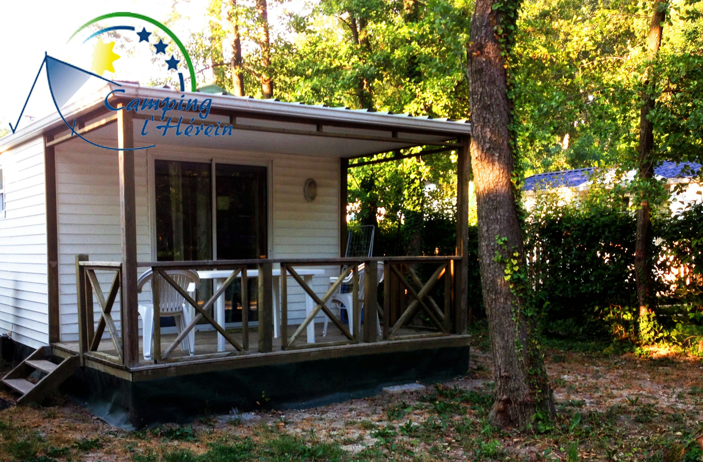 Camping-Lodge mit Veranda und Holzgeländer im Grünen, neben Bäumen und einem kleinen Weg am Stellplatz.