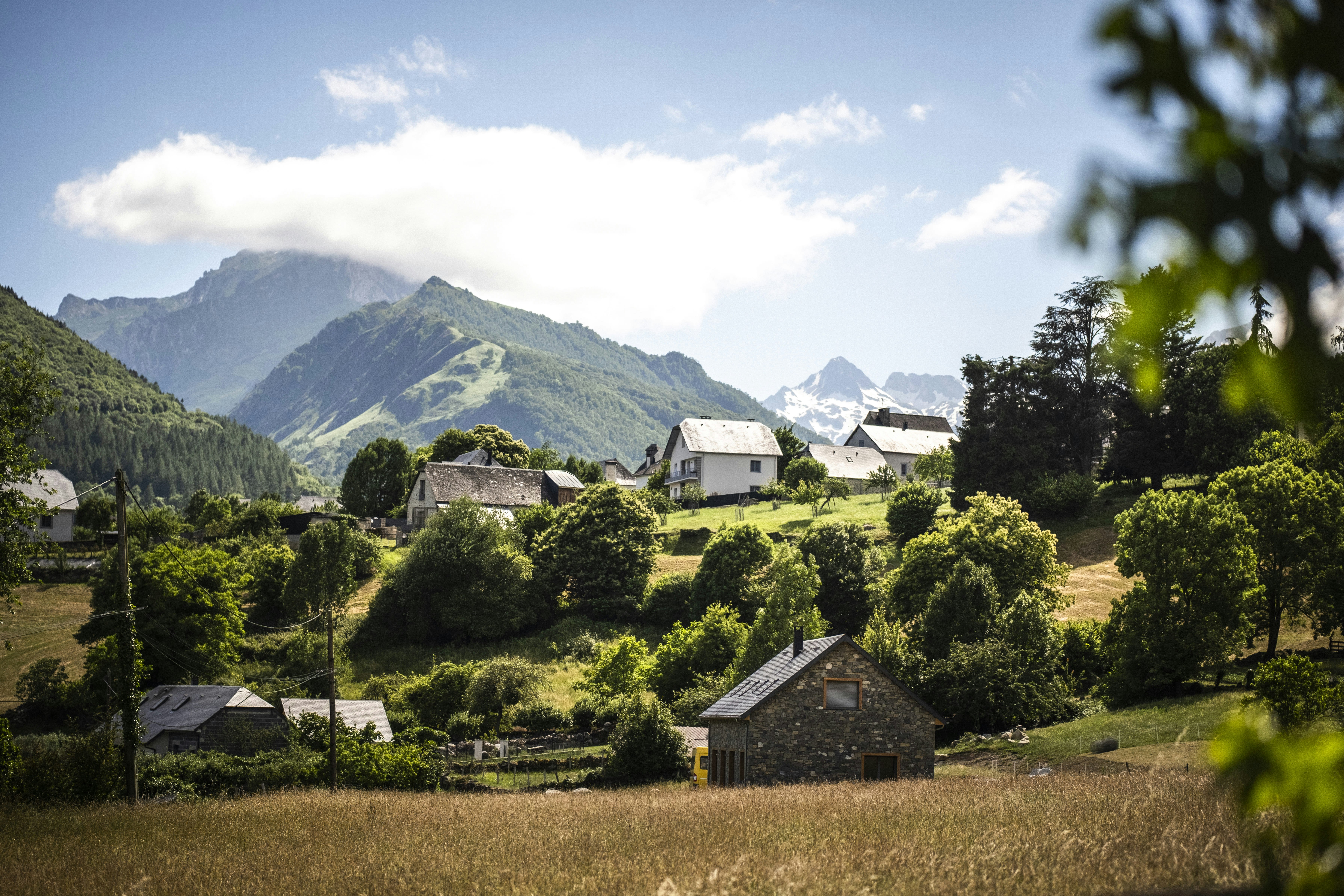Blick auf ein Campingdorf mit kleinen Häusern und einem Holzschuppen, umgeben von grünen Wiesen und Bergen in der Ferne.