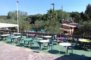 Terrasse mit vielen bunten Tischen und Stühlen, Blick auf einen Zaun und Olivenbäume im Campingbereich.