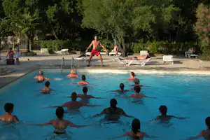 Schwimmbecken mit mehreren Personen im Wasser, daneben Liegestühle und Bäume im grünen Garten.