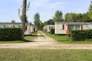 Reihe von Mobilheimen am Campingplatz, Kiesweg dazwischen, Hecken und ein großer Baum im Vordergrund.