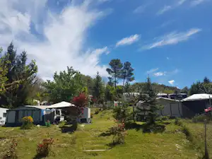 Campingplatz mit Wohnwagen und Zelten auf einer Wiese, Hecken und Bäume im Hintergrund, Wege zwischen den Stellplätzen.