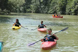 Drei Personen paddeln in roten Kanus auf einem ruhigen Fluss, umgeben von dichtem Grün und Bäumen am Ufer.