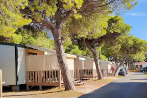 Wohnwagen mit Holzterrasse am Campingplatz, Bäume entlang des Weges und weitere Unterkünfte in der Reihe.