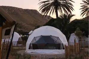 Glamping-Zelt mit geöffneter Front, daneben weitere Zelte, Palmen und Berge im Hintergrund bei Abendlicht.