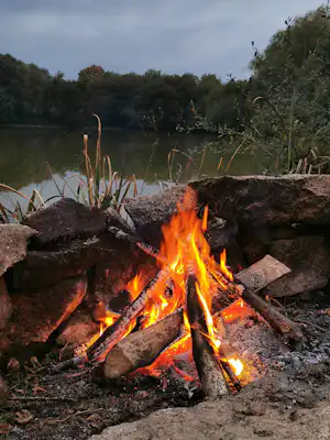 Lagerfeuer mit brennenden Holzscheiten am Ufer eines Sees, umgeben von Schilf und Bäumen im Hintergrund.