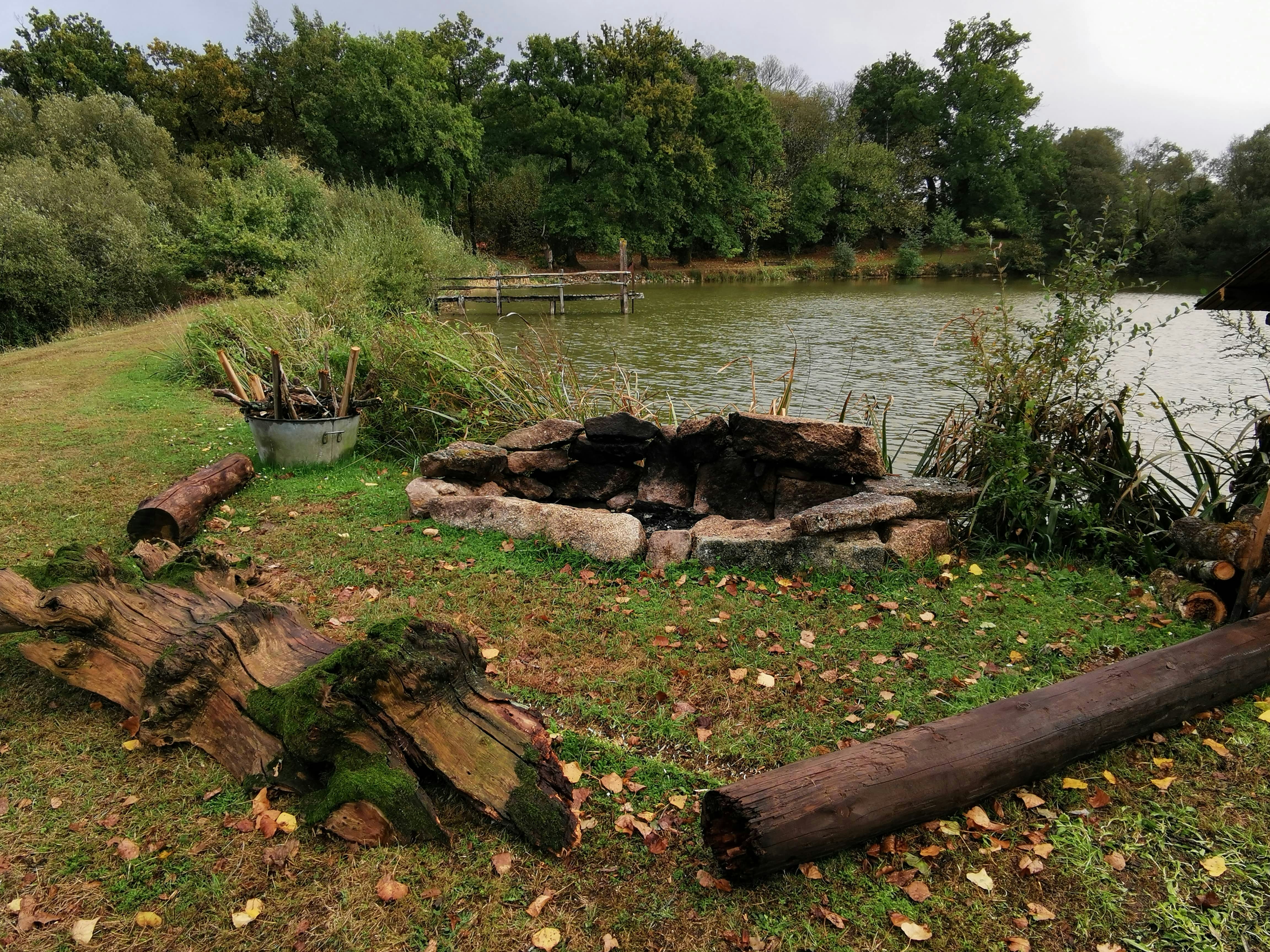 Feuerstelle mit Steinen am Campingplatz am See, Grasweg und Holzstämme am Ufer, Bäume im Hintergrund.