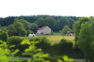 Blick über grünes Gelände auf Bauernhäuser mit roten Dächern und Wald im Hintergrund, aufgenommen durch Büsche.
