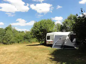 Wohnmobil und Zelt auf einem grasigen Campingplatz, umgeben von Bäumen und Sträuchern, im Hintergrund ein bewölkter Himmel.
