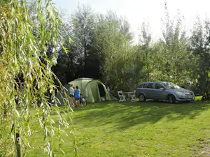 Zelt auf einem grünen Campingplatz mit Gartenstühlen, daneben ein Auto und ein Fahrrad, umgeben von Bäumen und hohem Gras.