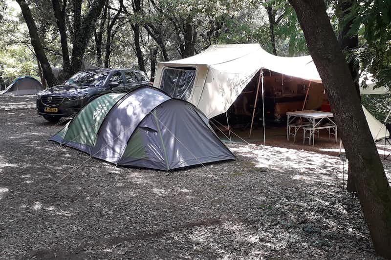Camping La Croix Clémentine  -  Wohnwagen- und Zeltstellplatz unter Bäumen auf dem Campingplatz