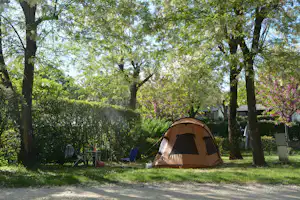 Campingzelt im Grünen zwischen Bäumen auf einem Stellplatz, daneben Gartenmöbel und ein Weg im Hintergrund.