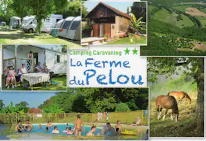 Collage vom Camping La Ferme du Pelou: Wohnwagen, Holzhaus, Pool mit Liegen, Kinder am Wasser und Pferde auf der Wiese.