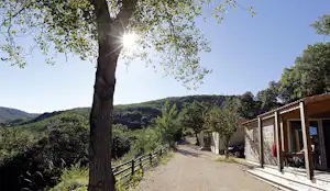 Campingweg entlang von Bäumen, rechts Wohnwagen und Terrassen, im Hintergrund grüne Hügel unter klarem Himmel.