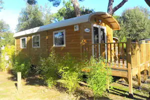 Holzbungalow mit Veranda, großen Fenstern und Eingangstür, umgeben von Bäumen und Sträuchern auf dem Campingplatz.