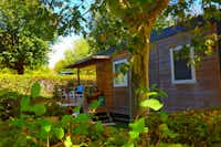 Camping La Grappe Fleurie - Chalet mit Veranda im Grünen auf dem Campingplatz