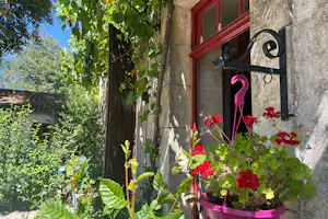 Hauswand am Campingplatz mit rotem Fenster, Blumen in pinkem Topf und Rankengewächsen vor Steinmauer.