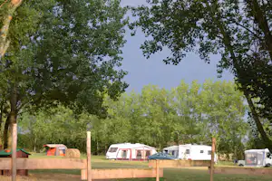 Wohnwagen und Zelte auf einem Campingplatz im Grünen, umgeben von Bäumen und einem eingezäunten Bereich.