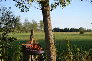 Campfire auf einer Feuerstelle am Campingplatz, im Hintergrund Wiesen und Bäume, ruhige Natur am Abend.