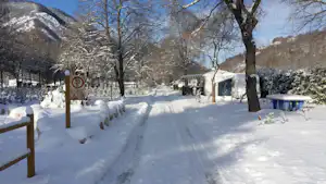 Winterlicher Campingweg im Schnee, gesäumt von Bäumen und einem Zaun, im Hintergrund Berge und verschneite Landschaft.