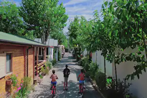 Campingweg zwischen Bungalows mit Holzfassaden, Veranda und Bäumen; zwei Kinder und ein Erwachsener gehen entlang.