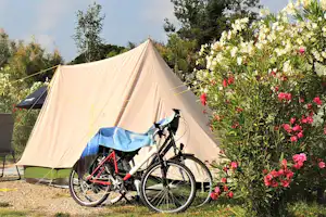 Zelt auf einem Campingplatz mit Fahrrad davor, daneben blühende Sträucher und ein Weg am Rand.