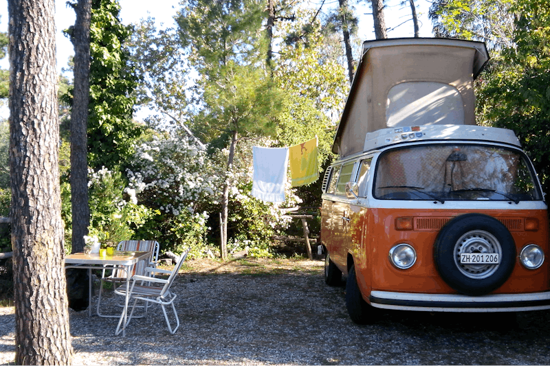 Camping La Pineta - Wohnwagen auf dem Campingplatz im Grünen zwischen Bäumen