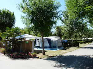 Zelte auf einem Campingplatz zwischen Bäumen, mit Holzsichtschutz, Blumenbeeten und gepflastertem Weg.