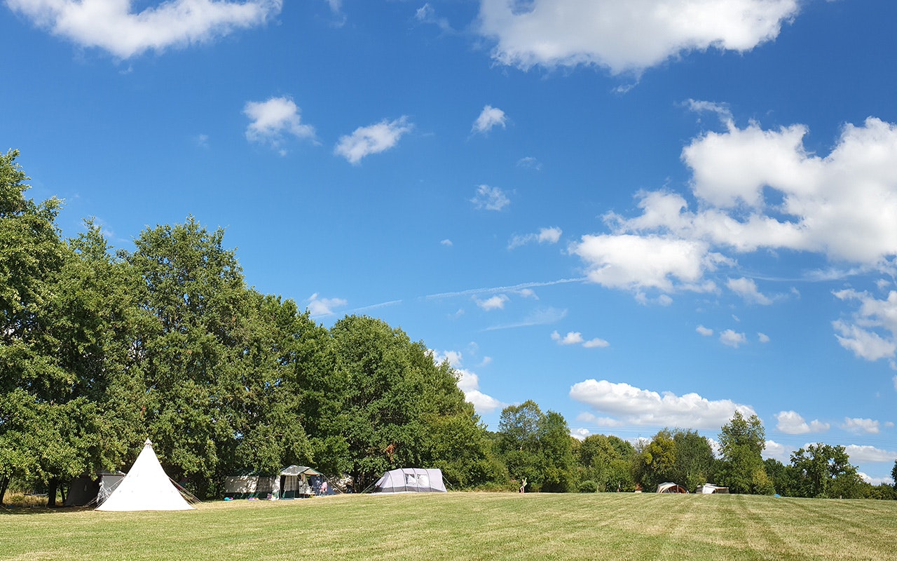 Weißes Zelt auf einer grünen Campingwiese, umgeben von Bäumen und weiteren Zelten im Hintergrund.