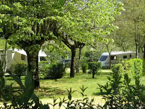 Wohnmobil auf einem Campingplatz im Grünen, mit Zeltzelten und Bäumen im Garten.