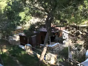 Holzhütten auf einem Campingplatz im Grünen, umgeben von Bäumen, mit Wegen und Sitzgelegenheiten im Außenbereich.
