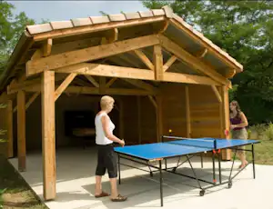 Holzüberdachung mit Tischtennisplatte auf dem Stellplatz, daneben ein Mann und Bäume im Hintergrund.